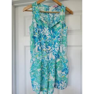 Lilly Pulitzer Blue Romper XS‎ Floral Print White Tassels Sleeveless